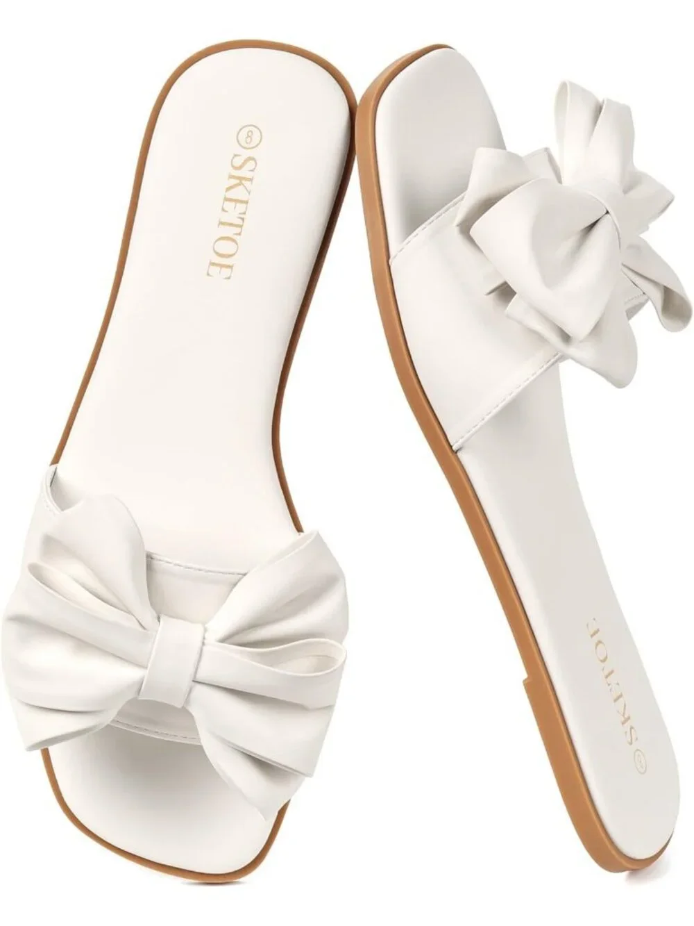 Women's White Faux Leather Bow Flat Sandals Open Saquare Toe Comfortable Slides